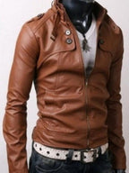 Button Pocket Slim Fit Rider Brown Leather Jacket
