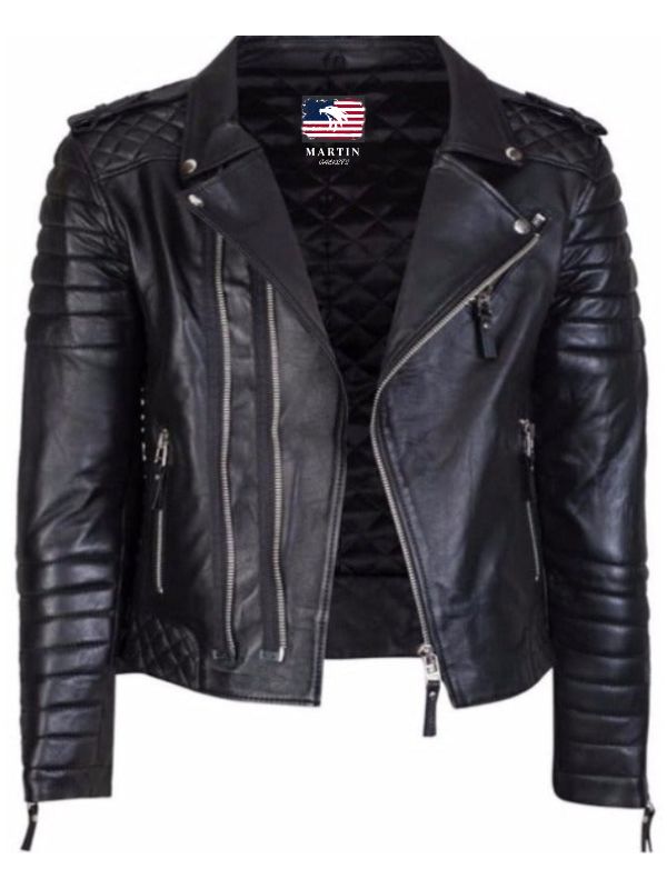 Diamond quilted black leather jacket