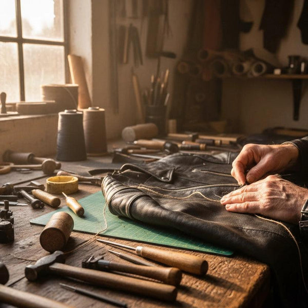 A person's hands are shown repairing or sewing a black leather jacket on a wooden workbench inside a warm, sunlit leathercraft workshop filled with tools.