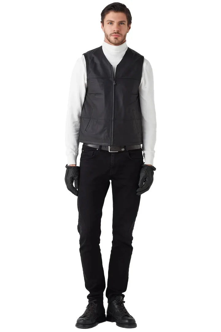 Caspian Black Leather Vest for Men