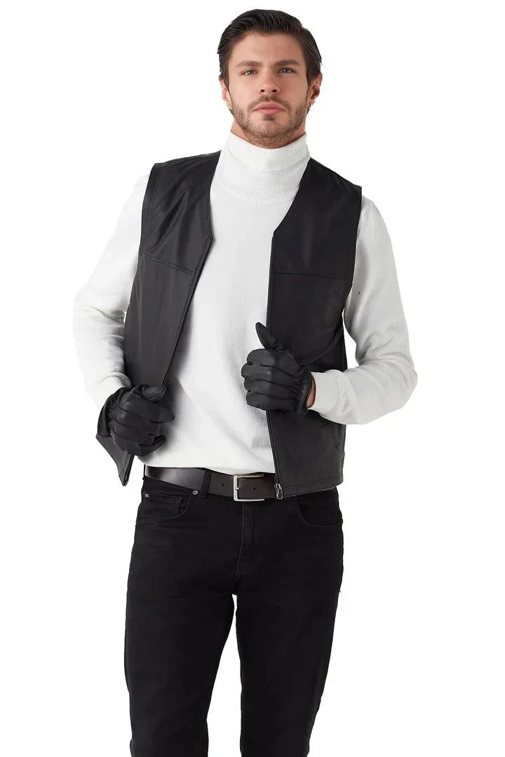 Caspian Black Leather Vest for Men