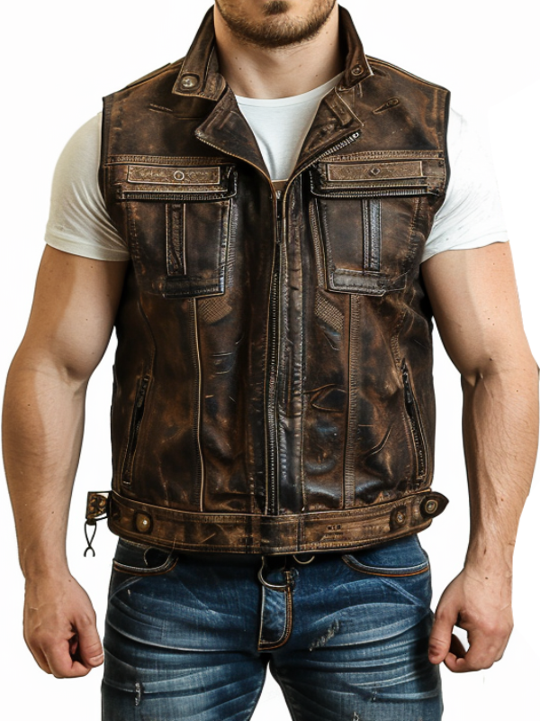 Men Atlas Distressed Brown Leather Vest