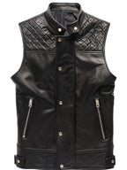 Men Black Leather Vest – Quilted Style