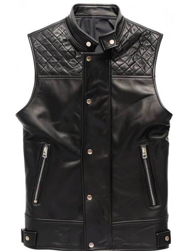 Men Black Leather Vest – Quilted Style