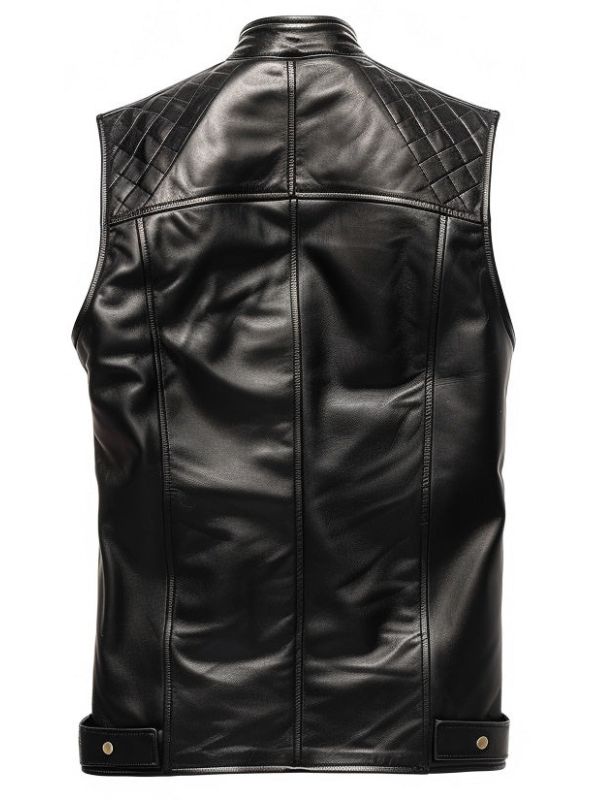 Men Black Leather Vest – Quilted Style
