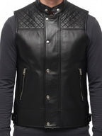 Men Black Leather Vest – Quilted Style
