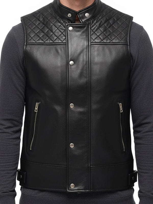 Men Black Leather Vest – Quilted Style