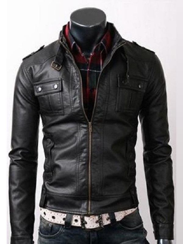 Men’s Black Strap Pocket Biker Leather Jacket