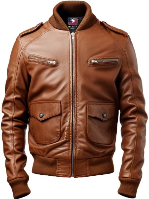 Men Brown Leather Strap Pocket Style Jacket – Brown Leather Jacket Men