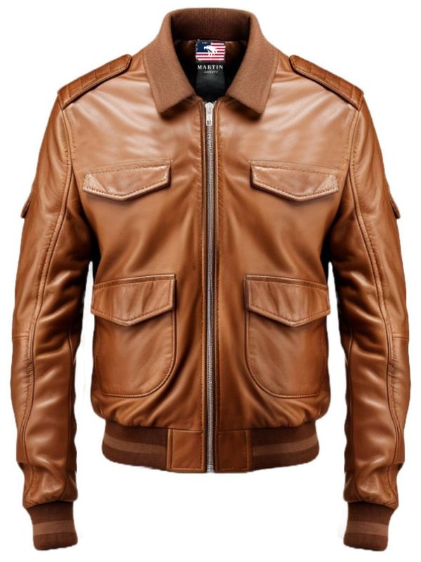 Men Brown Strap Pockets Bomber Leather Jacket – Bomber Jacket Mens