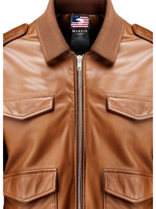 Men Brown Strap Pockets Bomber Leather Jacket – Bomber Jacket Mens