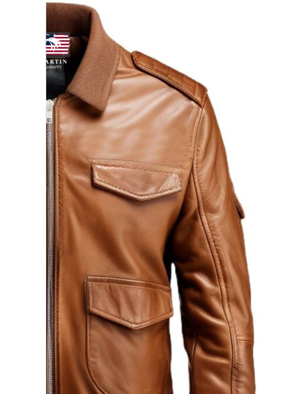 Men Brown Strap Pockets Bomber Leather Jacket – Bomber Jacket Mens