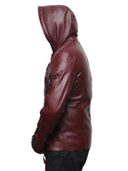 Men Faux Leather Motorcycle Hooded Jacket - Maroon