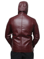 Men Faux Leather Motorcycle Hooded Jacket - Maroon