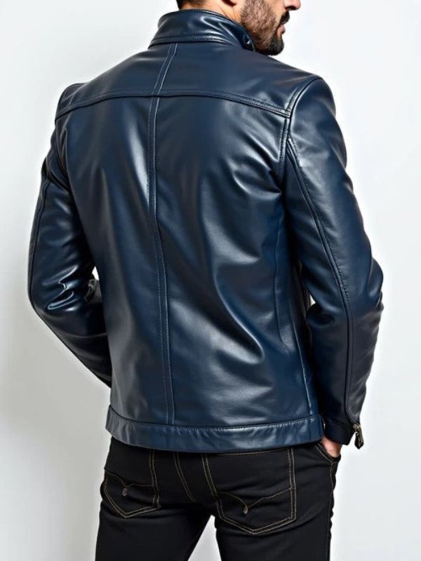 Men Leather Jacket - Navy Blue Leather Jacket