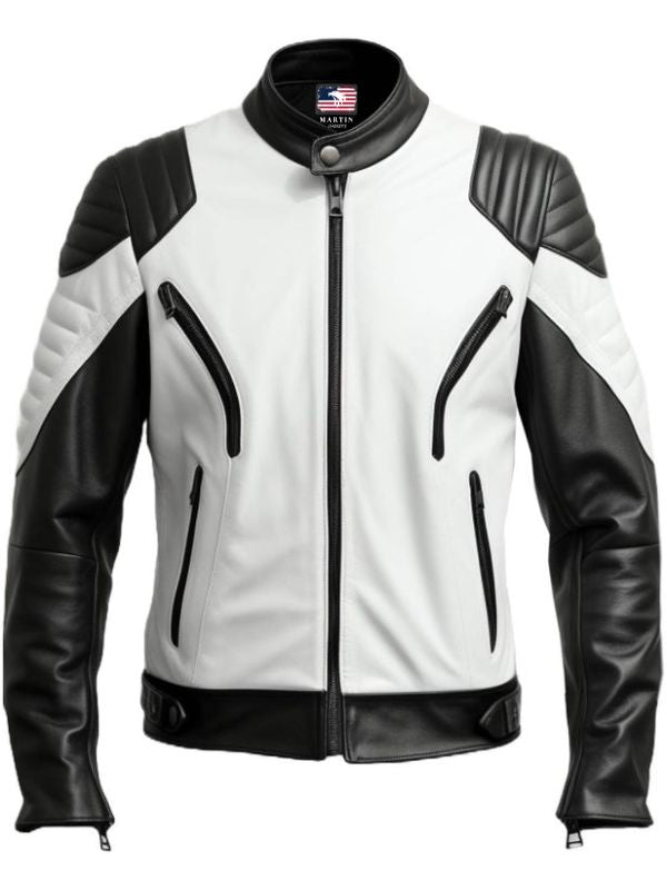 Men’s White and Black Leather Jacket – Biker Style