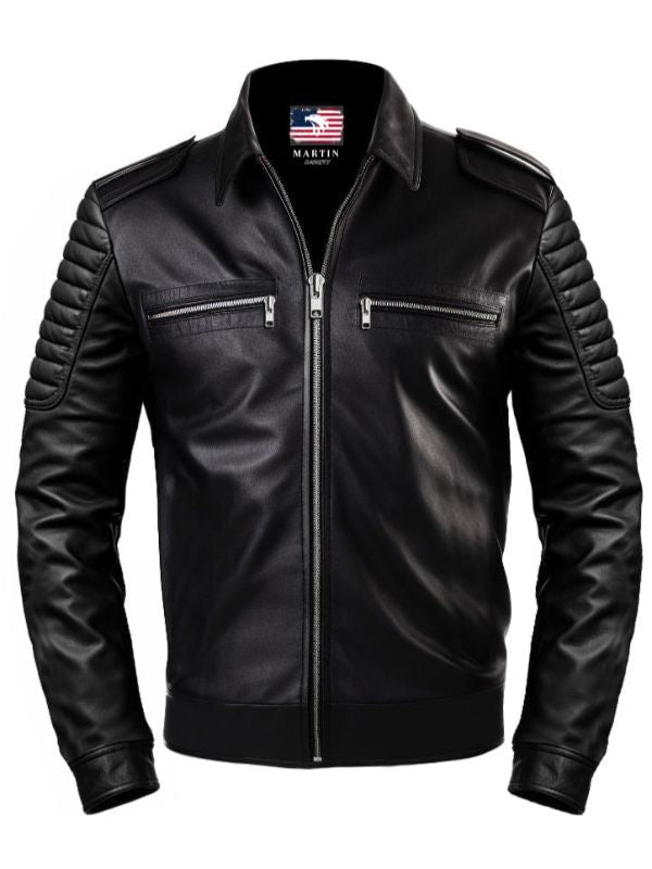 Men Slim-fit Rider Black Leather Flap Pocket Jacket