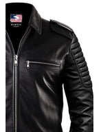 Men Slim-fit Rider Black Leather Flap Pocket Jacket