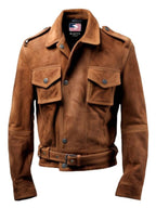 Men’s Strap Pockets Suede Leather Jacket