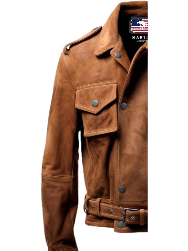 Men’s Strap Pockets Suede Leather Jacket