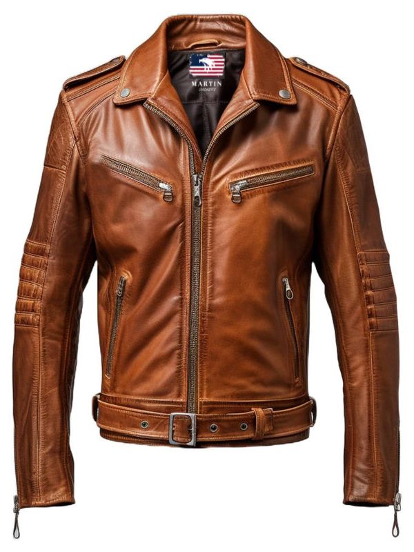 Men’s Stylish Belted Brown Vintage Leather Biker Jacket