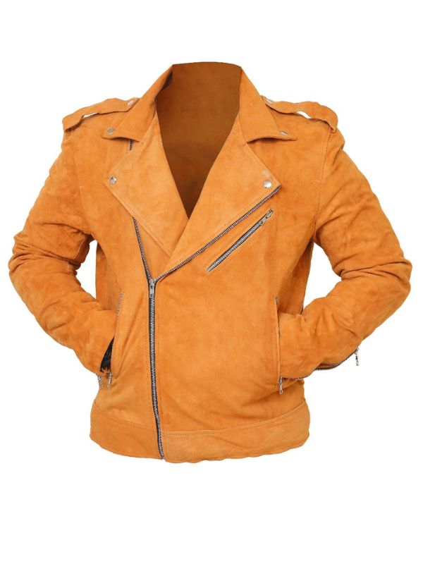 Men Suede Leather Camel Color Biker Leather Jacket
