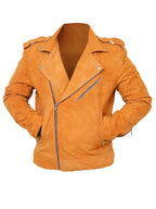 Men Suede Leather Camel Color Biker Leather Jacket