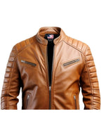 Men Tan Leather Biker Jacket - Leather Jacket for Men