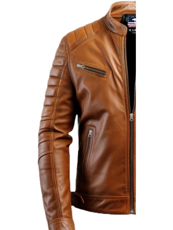 Men Tan Leather Biker Jacket - Leather Jacket for Men