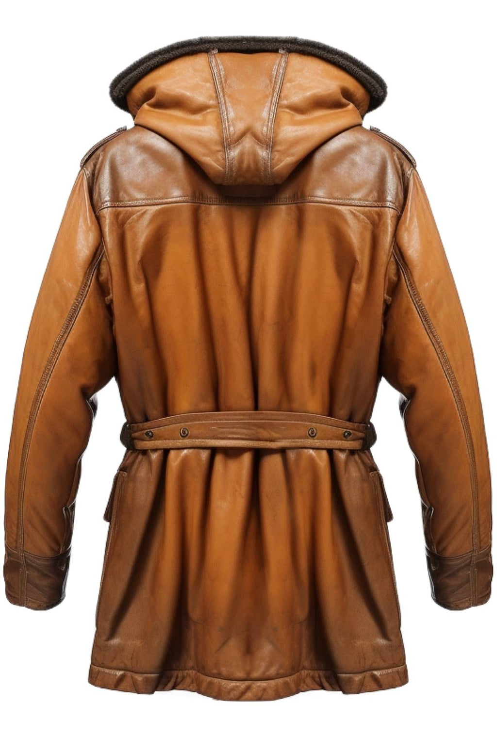 Men’s Vintage Hooded Fur Leather Coat – Classic Tan Brown Outerwear