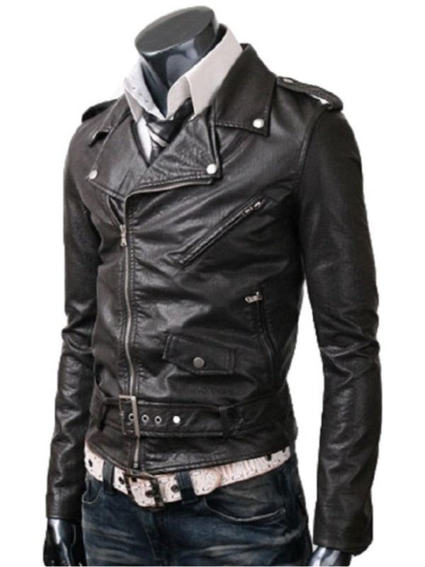 Men’s Slim Fit Belted Rider Vintage Classic Black Motorcycle Leather Jacket