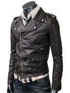 Men’s Slim Fit Belted Rider Vintage Classic Black Motorcycle Leather Jacket