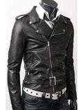 Men’s Slim Fit Belted Rider Vintage Classic Black Motorcycle Leather Jacket