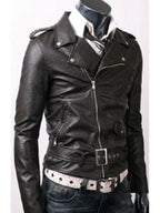Men’s Slim Fit Belted Rider Vintage Classic Black Motorcycle Leather Jacket