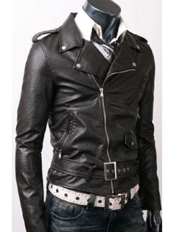 Men’s Slim Fit Belted Rider Vintage Classic Black Motorcycle Leather Jacket