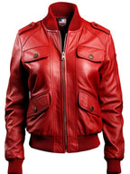 Red Leather Jacket with Strap Pockets