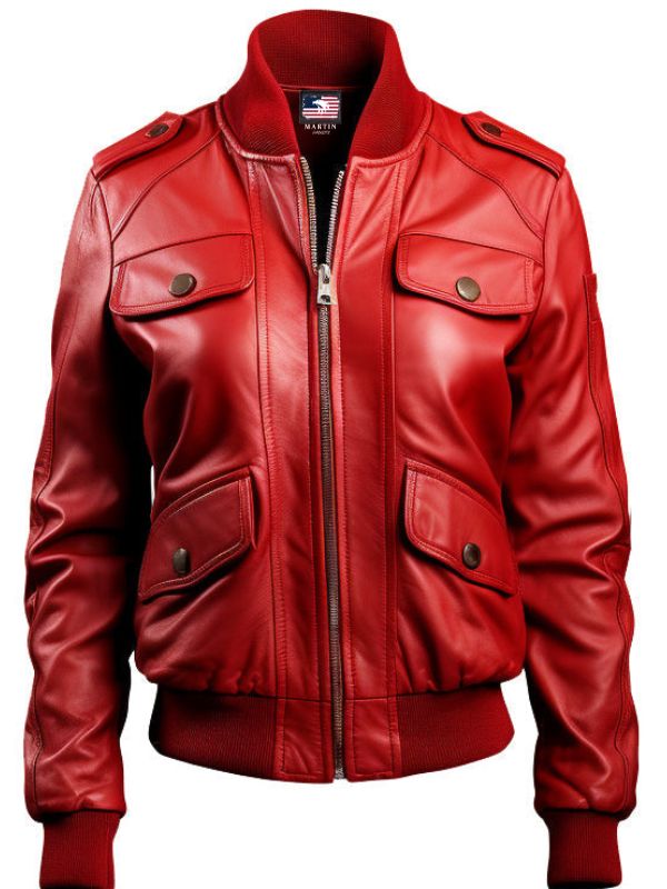 Red Leather Jacket with Strap Pockets
