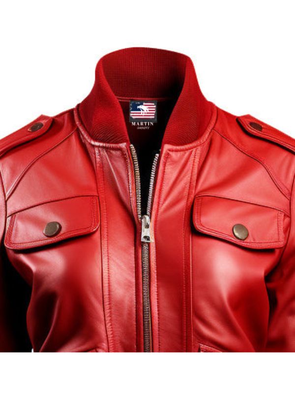 Red Leather Jacket with Strap Pockets