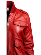 Red Leather Jacket with Strap Pockets