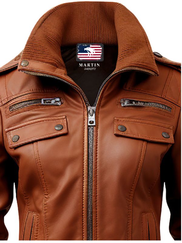 Strap Pocket Leather Jacket – Tan Brown