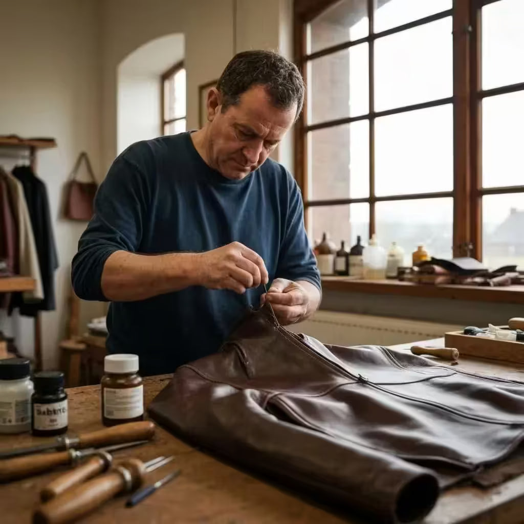 Leather craftsman repairing a jacket in a traditional workshop