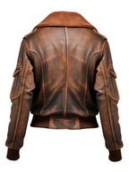 Women Brown Bomber Leather Jacket Distressed