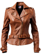 Women's Brown Leather Jacket Asymmetrical Biker Style