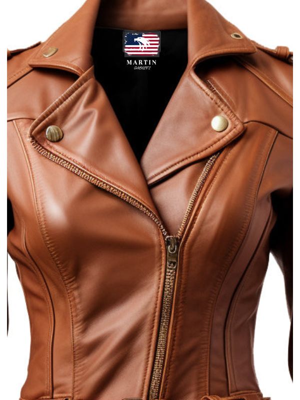 Women's Brown Leather Jacket Asymmetrical Biker Style