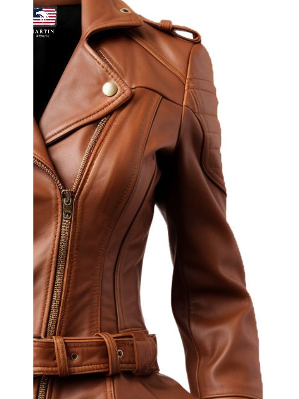 Women's Brown Leather Jacket Asymmetrical Biker Style