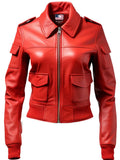 Women Leather Jacket Red Bomber