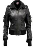 Womens Black Leather Bomber Jacket