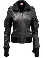 Womens Black Leather Bomber Jacket