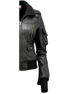 Womens Black Leather Bomber Jacket