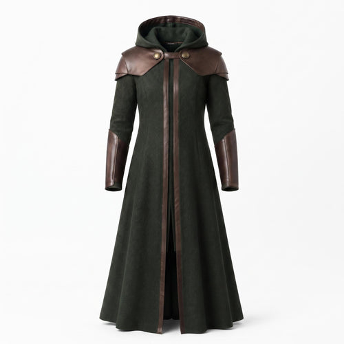 Doctor Doom Inspired Wool Coat with Leather Armor, Hooded Fantasy Cosplay Jacket